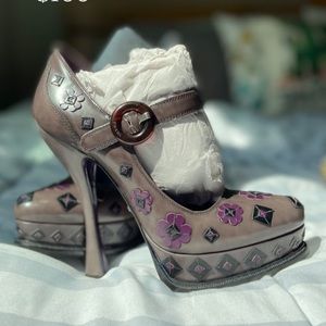 PRADA Floral Platform Heels Mary Jane Purple 7